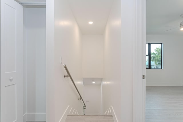 102 Granada St, Royal Palm Beach, FL 33411 - stairway featuring baseboards, wood finished floors, ceiling fan, and recessed lighting