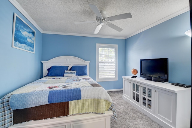 9692 Sills Dr E Unit 103, Boynton Beach, FL 33437 - bedroom featuring carpet floors, a textured ceiling, crown molding, a ceiling fan, and baseboards