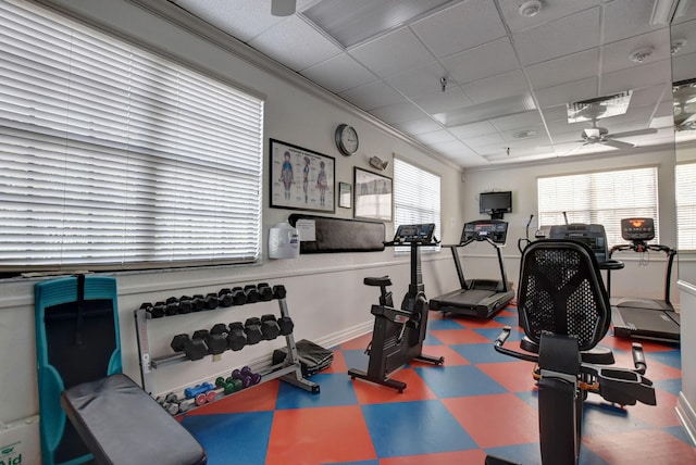 9692 Sills Dr E Unit 103, Boynton Beach, FL 33437 - gym featuring a drop ceiling and ceiling fan