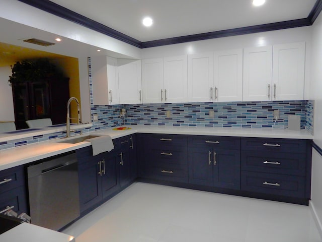 9692 Sills Dr E Unit 103, Boynton Beach, FL 33437 - kitchen featuring dishwasher, light countertops, white cabinetry, a sink, and tasteful backsplash