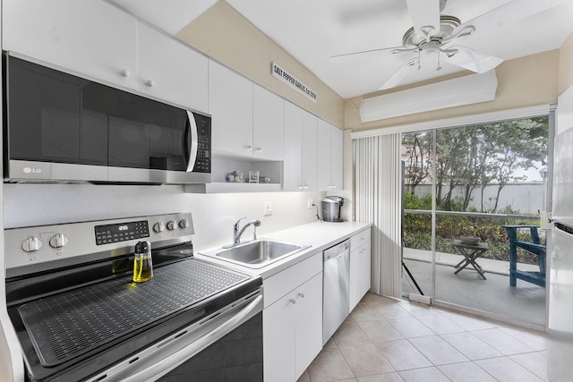 1470 S Ocean Blvd Unit 1101, Pompano Beach, FL 33062 - kitchen with appliances with stainless steel finishes, a sink, white cabinetry, and ceiling fan