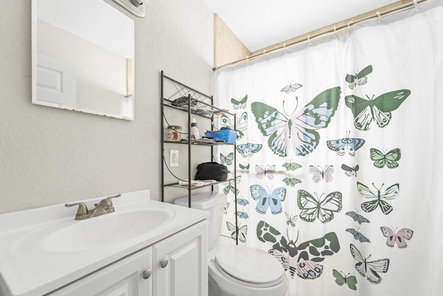 1528 Singletary Ave, Pahokee, FL 33476 - full bathroom featuring vanity, toilet, a shower with shower curtain, and a textured wall
