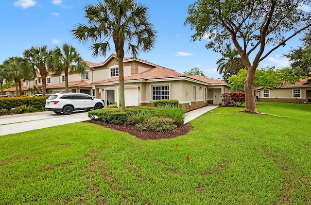 6736 Old Farm Trl, Boynton Beach, FL 33437 - view of front facade featuring a garage, stucco siding, concrete driveway, a front lawn, and a tiled roof