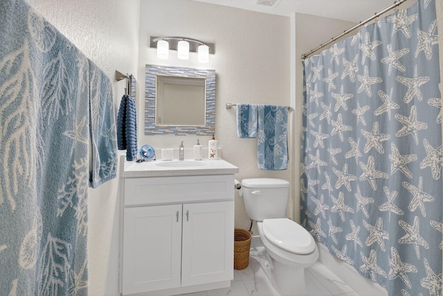 6736 Old Farm Trl, Boynton Beach, FL 33437 - full bath with toilet, vanity, marble look tiles, a textured wall, and a shower with curtain