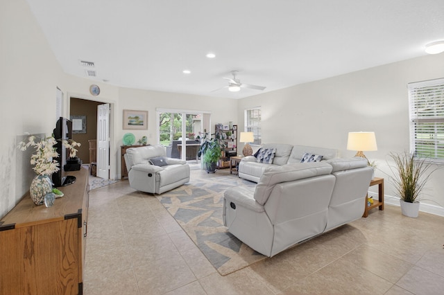 6736 Old Farm Trl, Boynton Beach, FL 33437 - living room featuring light tile patterned floors, a ceiling fan, and recessed lighting