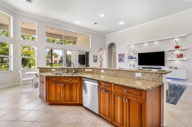16414 Braeburn Ridge Trl, Delray Beach, FL 33446 - kitchen featuring dishwasher, a sink, open floor plan, light tile patterned floors, and crown molding