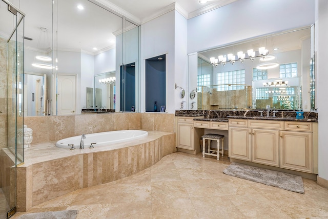 16414 Braeburn Ridge Trl, Delray Beach, FL 33446 - full bathroom with ornamental molding, a bath, vanity, and a shower stall