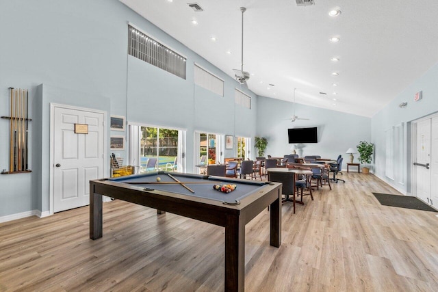 137 N Lakeshore Dr, Hypoluxo, FL 33462 - playroom featuring billiards, high vaulted ceiling, light wood-type flooring, recessed lighting, and ceiling fan