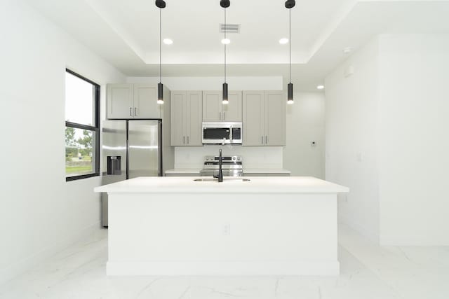 4209 25th St SW, Lehigh Acres, FL 33976 - kitchen with stainless steel appliances, a sink, light marble finish flooring, gray cabinets, and a tray ceiling