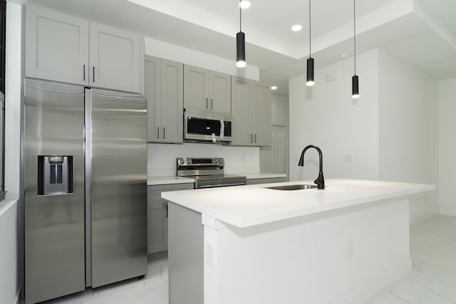 4209 25th St SW, Lehigh Acres, FL 33976 - kitchen featuring stainless steel appliances, a sink, light marble finish flooring, gray cabinets, and recessed lighting