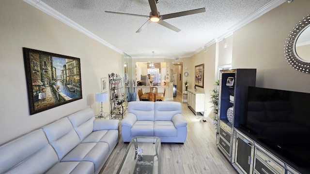 9587 Weldon Cir Unit B414, Tamarac, FL 33321 - living area with a textured ceiling, light wood-type flooring, a ceiling fan, and ornamental molding