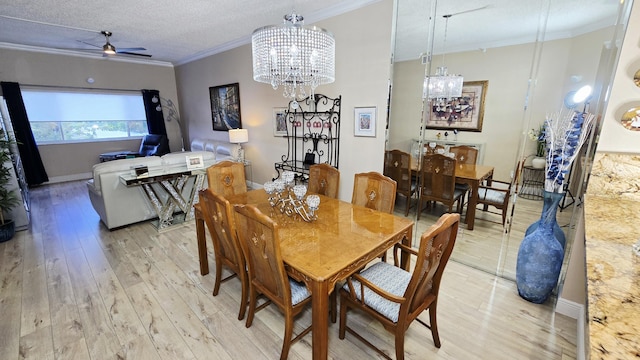 9587 Weldon Cir Unit B414, Tamarac, FL 33321 - dining area featuring a chandelier, light wood-type flooring, ornamental molding, a ceiling fan, and a textured ceiling