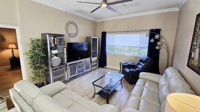 9587 Weldon Cir Unit B414, Tamarac, FL 33321 - living room with ceiling fan, baseboards, light wood-style floors, and ornamental molding