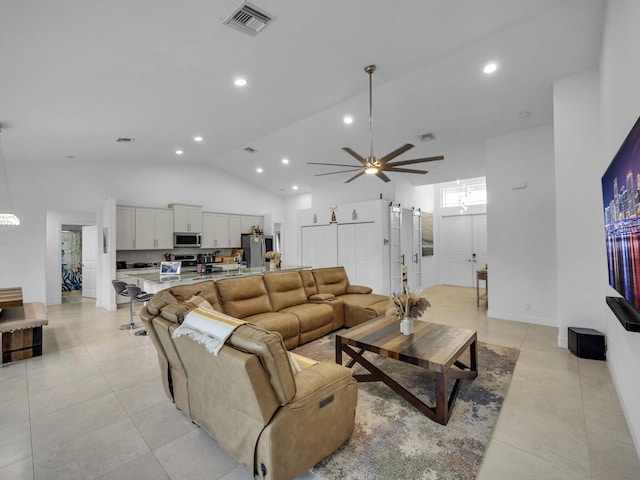 16430 71st Ln N, Loxahatchee, FL 33470 - living room featuring light tile patterned floors, ceiling fan, recessed lighting, and high vaulted ceiling