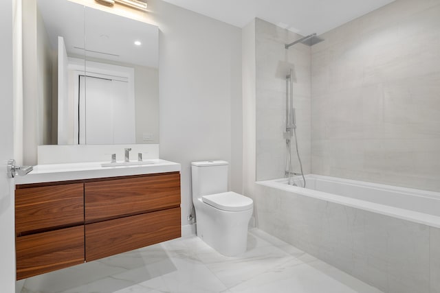 220 SE Mizner Blvd Unit 611, Boca Raton, FL 33432 - bathroom with tiled shower / bath combo, vanity, toilet, and marble finish floors