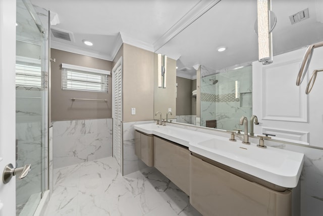 2407 SW 23rd Cranbrook Dr, Boynton Beach, FL 33436 - full bathroom with crown molding, a marble finish shower, double vanity, recessed lighting, and wainscoting
