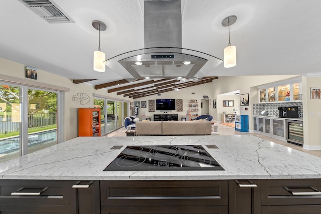 2407 SW 23rd Cranbrook Dr, Boynton Beach, FL 33436 - kitchen with open floor plan, black electric cooktop, beverage cooler, island exhaust hood, and light stone countertops