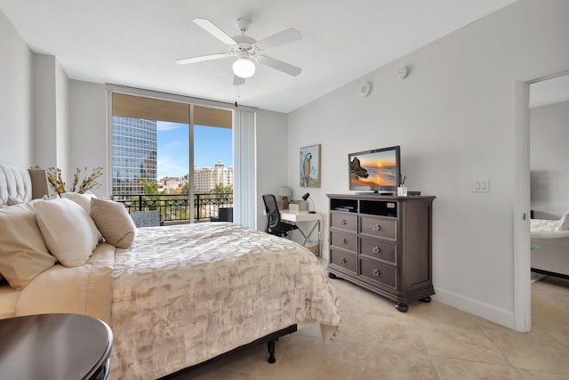 550 Okeechobee Blvd Unit 504, West Palm Beach, FL 33401 - bedroom featuring access to exterior, baseboards, expansive windows, light tile patterned floors, and ceiling fan