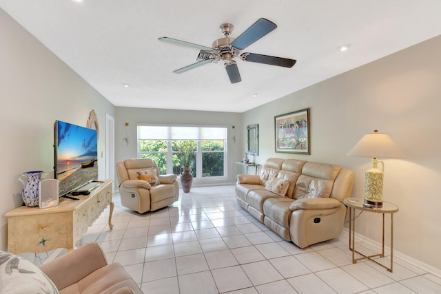 13691 Via Aurora Unit C, Delray Beach, FL 33484 - living area with a ceiling fan, baseboards, light tile patterned floors, and recessed lighting