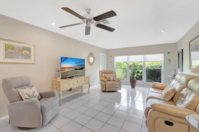 13691 Via Aurora Unit C, Delray Beach, FL 33484 - living area with light tile patterned floors, baseboards, ceiling fan, and recessed lighting
