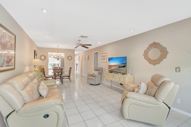 13691 Via Aurora Unit C, Delray Beach, FL 33484 - living room featuring a chandelier, light tile patterned floors, baseboards, ceiling fan, and recessed lighting
