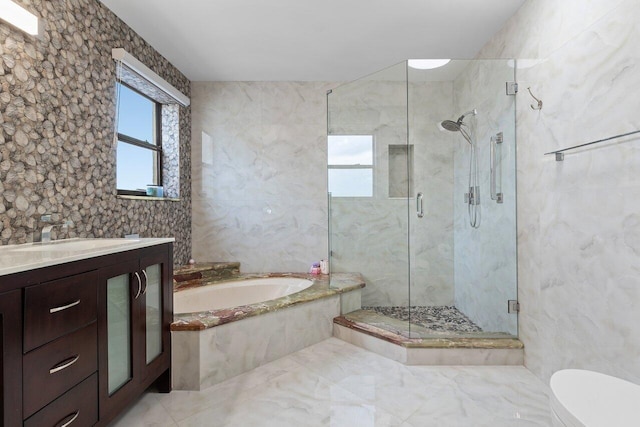 7578 Regency Lake Dr Unit 802, Boca Raton, FL 33433 - full bath with a bath, a stall shower, tile walls, and vanity