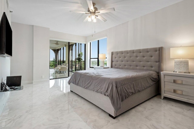 7578 Regency Lake Dr Unit 802, Boca Raton, FL 33433 - bedroom with light marble finish flooring, access to exterior, and ceiling fan