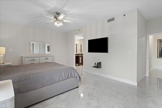 7578 Regency Lake Dr Unit 802, Boca Raton, FL 33433 - bedroom featuring marble look tile flooring, ceiling fan, and ensuite bathroom