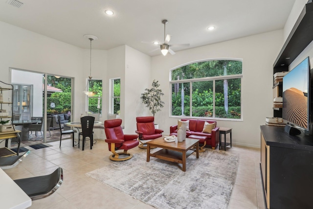 139 Sedona Way, Palm Beach Gardens, FL 33418 - living area with light tile patterned floors, recessed lighting, ceiling fan, and baseboards