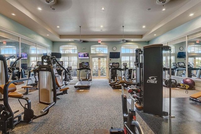 139 Sedona Way, Palm Beach Gardens, FL 33418 - gym featuring a raised ceiling, recessed lighting, and carpet flooring