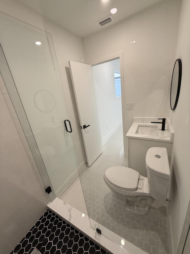 345 Pinehurst Rd, Palm Springs, FL 33461 - bathroom with toilet, a stall shower, tile patterned flooring, recessed lighting, and vanity