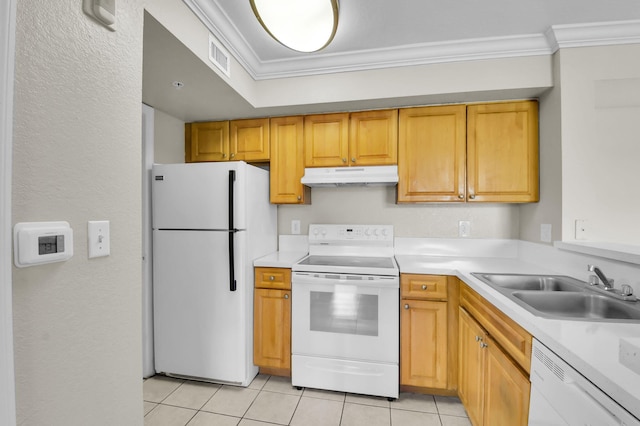 15185 Michelangelo Blvd Unit 204, Delray Beach, FL 33446 - kitchen with white appliances, under cabinet range hood, ornamental molding, a sink, and light tile patterned floors