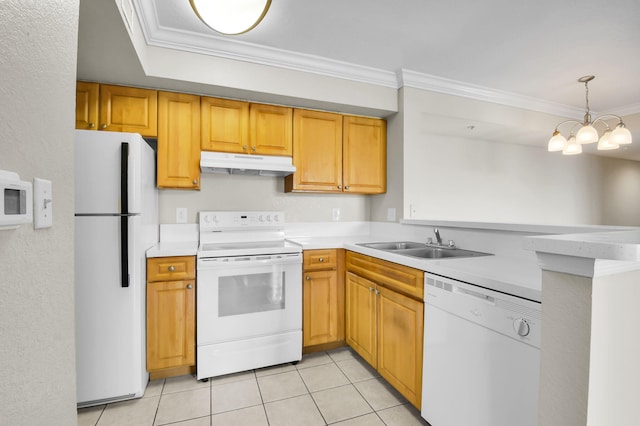 15185 Michelangelo Blvd Unit 204, Delray Beach, FL 33446 - kitchen featuring white appliances, under cabinet range hood, a sink, crown molding, and light tile patterned flooring