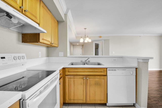 15185 Michelangelo Blvd Unit 204, Delray Beach, FL 33446 - kitchen with white appliances, under cabinet range hood, a sink, ornamental molding, and a peninsula
