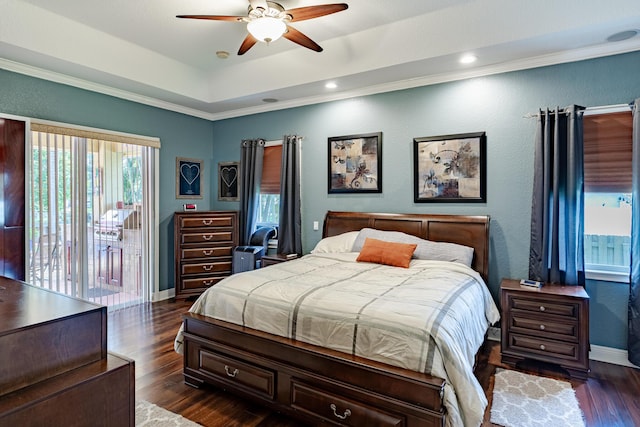 473 SW Dagget Ave, Port Saint Lucie, FL 34953 - bedroom featuring access to outside, dark wood-style floors, baseboards, a tray ceiling, and a ceiling fan