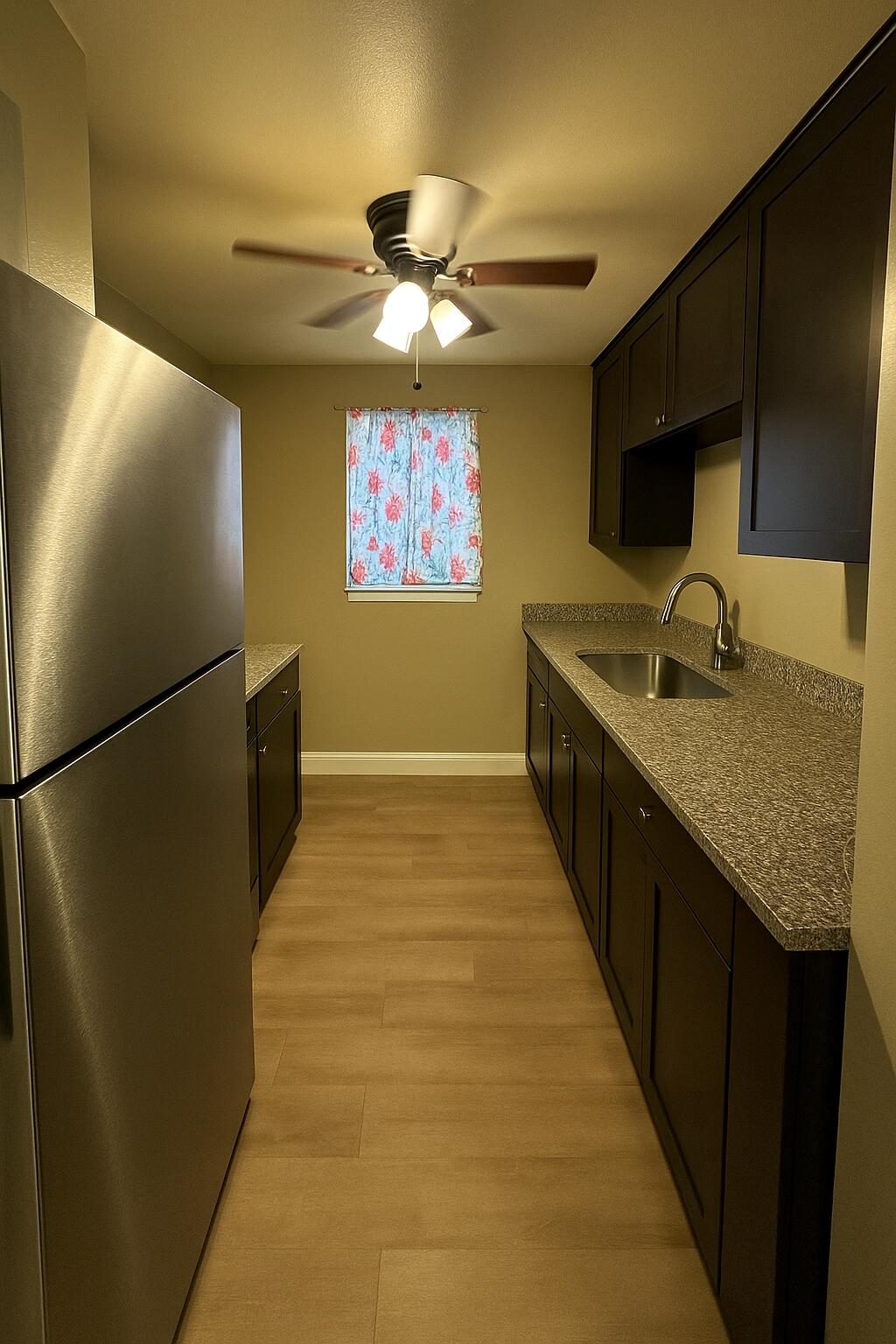 500 SW 2nd Ave Unit 120, Boca Raton, FL 33432 - kitchen featuring freestanding refrigerator, a sink, a ceiling fan, baseboards, and light wood-style floors
