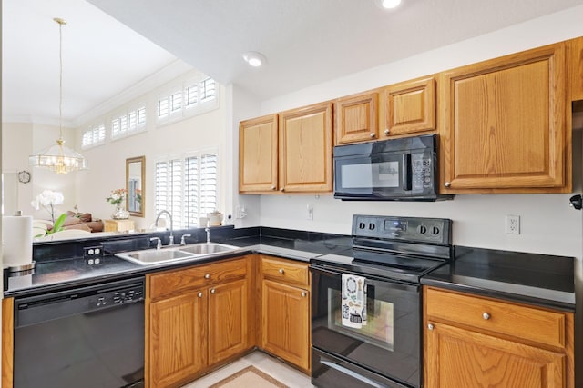 1071 Delray Lakes Dr, Delray Beach, FL 33444 - kitchen featuring black appliances, a sink, dark countertops, ornamental molding, and a chandelier