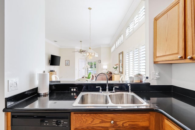 1071 Delray Lakes Dr, Delray Beach, FL 33444 - kitchen featuring a sink, dishwashing machine, dark countertops, ornamental molding, and a ceiling fan