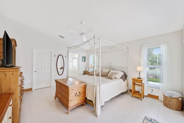 1071 Delray Lakes Dr, Delray Beach, FL 33444 - bedroom featuring lofted ceiling, baseboards, light tile patterned flooring, and ceiling fan
