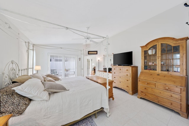 1071 Delray Lakes Dr, Delray Beach, FL 33444 - bedroom with vaulted ceiling, access to outside, a ceiling fan, and light tile patterned floors