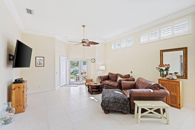 1071 Delray Lakes Dr, Delray Beach, FL 33444 - living room featuring a ceiling fan, crown molding, baseboards, light tile patterned floors, and a towering ceiling