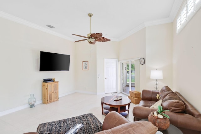 1071 Delray Lakes Dr, Delray Beach, FL 33444 - living area with baseboards, ornamental molding, ceiling fan, light tile patterned floors, and a high ceiling
