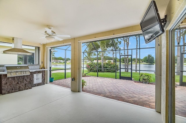 3024 Constellation Dr, Melbourne, FL 32940 - unfurnished sunroom with a water view, exterior kitchen, and a ceiling fan