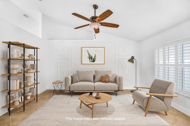 3024 Constellation Dr, Melbourne, FL 32940 - living area featuring vaulted ceiling, healthy amount of natural light, ceiling fan, and light tile patterned floors