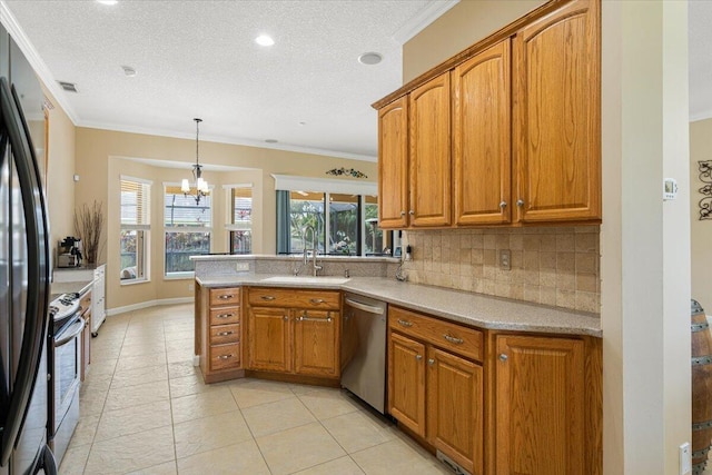 1456 SW Del Rio Blvd, Port Saint Lucie, FL 34953 - kitchen with stainless steel appliances, a sink, decorative backsplash, brown cabinets, and ornamental molding