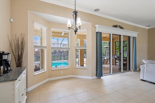 1456 SW Del Rio Blvd, Port Saint Lucie, FL 34953 - unfurnished dining area with ornamental molding, a chandelier, baseboards, and light tile patterned floors