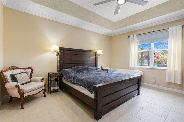 1456 SW Del Rio Blvd, Port Saint Lucie, FL 34953 - bedroom featuring baseboards, light tile patterned flooring, ornamental molding, a raised ceiling, and ceiling fan