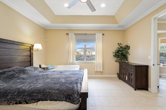1456 SW Del Rio Blvd, Port Saint Lucie, FL 34953 - bedroom featuring a raised ceiling, baseboards, light tile patterned floors, ornamental molding, and ceiling fan