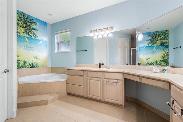 1456 SW Del Rio Blvd, Port Saint Lucie, FL 34953 - bathroom featuring vanity, a bath, tile patterned flooring, and an enclosed shower