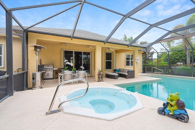 1456 SW Del Rio Blvd, Port Saint Lucie, FL 34953 - view of pool with an outdoor living space, a patio area, ceiling fan, a pool with connected hot tub, and glass enclosure